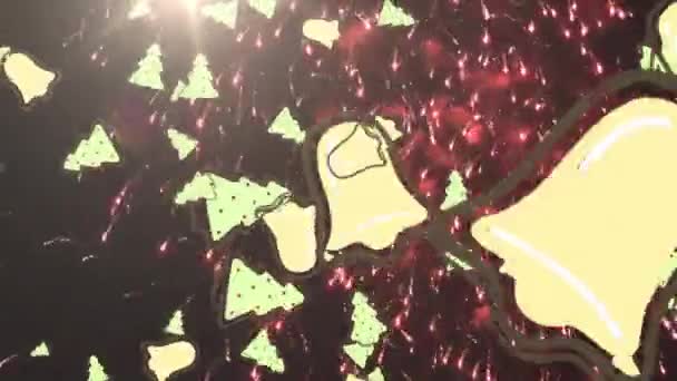 Animation Von Fallenden Glocken Und Weihnachtsbäumen Über Feuerwerk Weihnachten Winter — Stockvideo