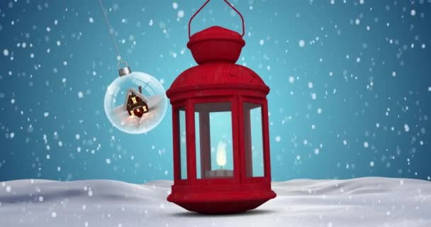 用灯笼在圣诞节装饰上飘雪的动画 圣诞节 传统和庆祝概念数字制作的视频 — 图库视频影像