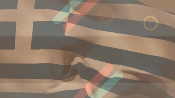 Animation Abstrakter Formen Und Warenkorb Ikone Über Wehender Griechischer Flagge — Stockvideo