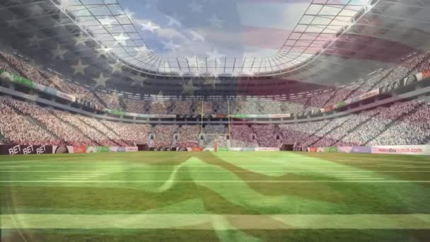 競技場に手を振るウサの旗のアニメーション アメリカの愛国心とスポーツの概念をデジタルで — ストック動画