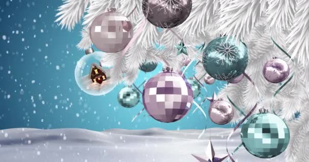 Animation Neige Tombant Sur Les Décorations Noël Sur Fond Bleu — Video