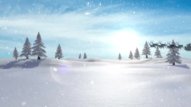 冬の風景に対して反逆者によって引っ張られているそりでサンタクラスの上に降る雪 クリスマス フェスティバルとお祝いのコンセプト — ストック動画