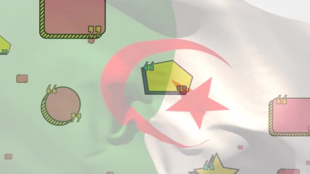 空の発話泡の形に吹くアルジェリアの国旗のアニメーション 地球規模の通信技術とソーシャルネットワークの概念デジタルで生成されたビデオ — ストック動画