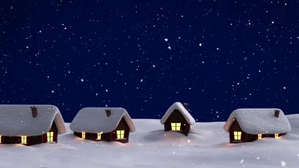 Animación Del Paisaje Invernal Casas Sobre Nieve Que Cae Navidad — Vídeo de stock