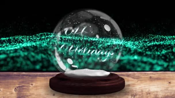 Animation Christmas Greetings Snow Globe Wooden Boards Glowing Mesh Christmas — Stock Video