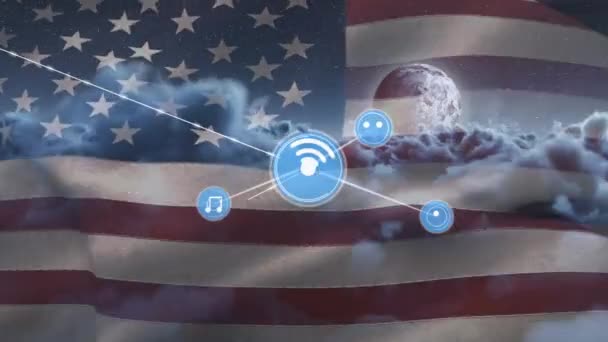 Animación Red Conexiones Iconos Con Sobre Bandera Usa Nubes Conexiones — Vídeo de stock