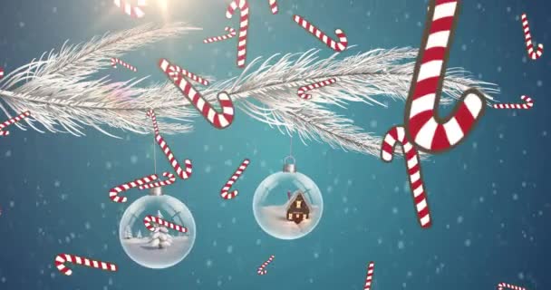 Animacja Trzciny Cukrowej Śniegu Spada Dekoracje Świąteczne Boże Narodzenie Zima — Wideo stockowe