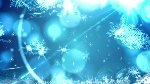 Animation Von Schnee Der Über Christbaumschmuck Auf Blauem Hintergrund Fällt — Stockvideo