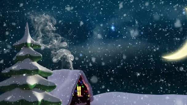 青い背景に飾られた家と冬の風景のアニメーション クリスマス 伝統とお祝いのコンセプトデジタルで生成されたビデオ — ストック動画