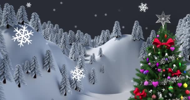 배경에는 크리스마스 트리와 전나무 내리는 애니메이션 크리스마스 디지털로 비디오 — 비디오
