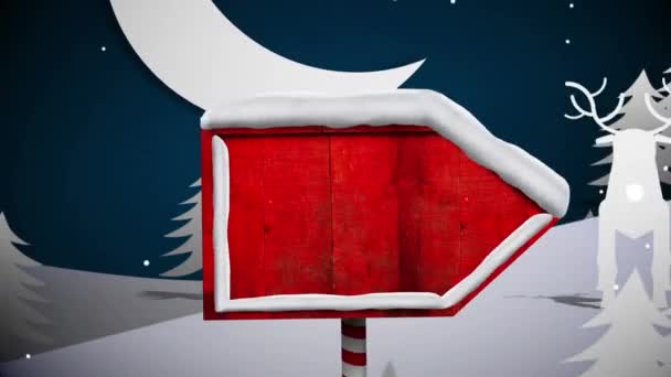 Snow Falling Sign Post Winter Landscape Santa Claus Sleigh Being — Stock Video