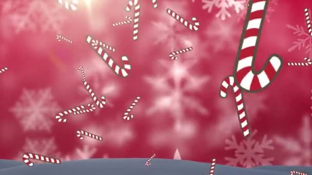 Animation Cannes Bonbons Neige Tombant Sur Fond Rouge Noël Hiver — Video