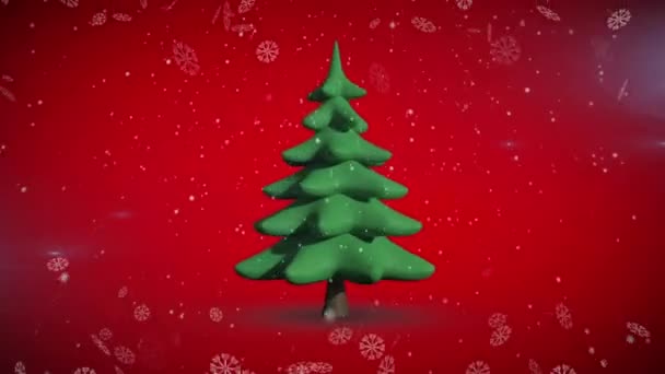 Schneeflocken Fallen Über Das Drehende Weihnachtsbaum Symbol Vor Rotem Hintergrund — Stockvideo