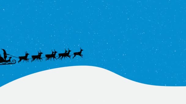トナカイと雪が青い背景に降ってそりでサンタクラスのアニメーション クリスマス お祝いのコンセプトをデジタルで — ストック動画