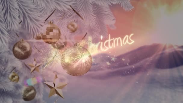 Κινούμενα Σχέδια Χειμερινού Τοπίου Χαρούμενο Χριστουγεννιάτικο Κείμενο Χριστούγεννα Χειμώνας Παράδοση — Αρχείο Βίντεο