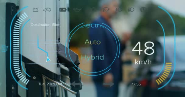 Animación Interfaz Con Icono Batería Carga Velocímetro Sobre Gasolinera Tecnología — Vídeo de stock