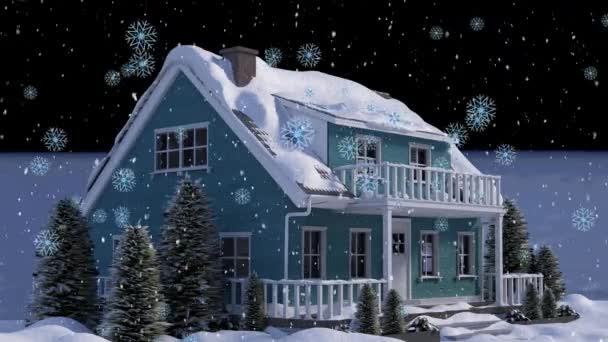 Animacja Śniegu Spadającego Nad Domem Zimowym Krajobrazie Boże Narodzenie Zima — Wideo stockowe