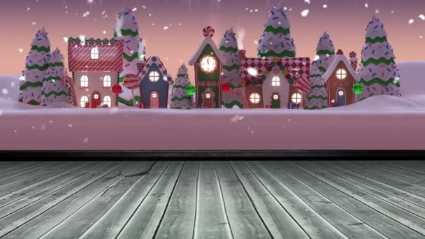 Animación Nieve Cayendo Sobre Paisaje Invernal Superficie Tablero Madera Navidad — Vídeos de Stock