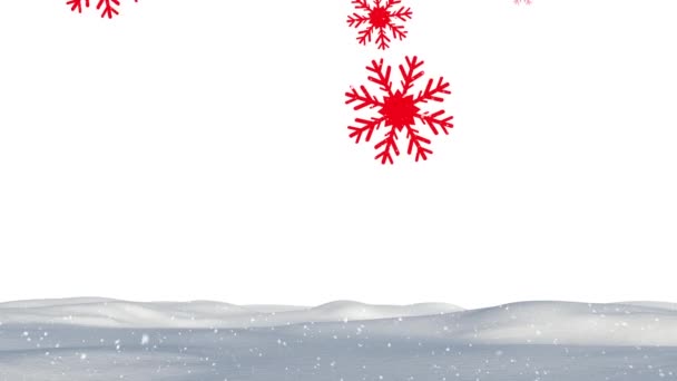 Animatie Van Rode Sneeuwvlokken Die Het Winterlandschap Vallen Kerstmis Winter — Stockvideo