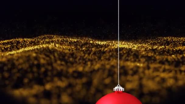 Animatie Van Rode Kerstbal Goud Golvend Gaas Zwarte Achtergrond Kerstmis — Stockvideo