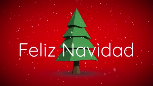 Animatie Van Feliz Navidad Tekst Kerstboom Sneeuw Vallen Rode Achtergrond — Stockvideo