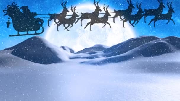 Śnieg Pada Świętego Mikołaja Saniach Ciągnięty Przez Renifery Nad Zimowym — Wideo stockowe