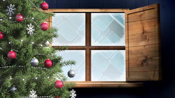 Árbol Navidad Marco Ventana Madera Contra Múltiples Formas Cuadradas Azules — Vídeos de Stock