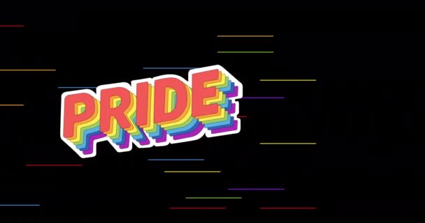 Animación Texto Orgullo Sobre Rayas Arco Iris Sobre Fondo Negro — Vídeos de Stock