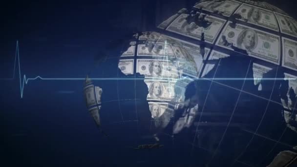 Animacja Globu Utworzonego Amerykańskich Banknotów Dolarowych Przetwarzanie Danych Tętna Globalny — Wideo stockowe