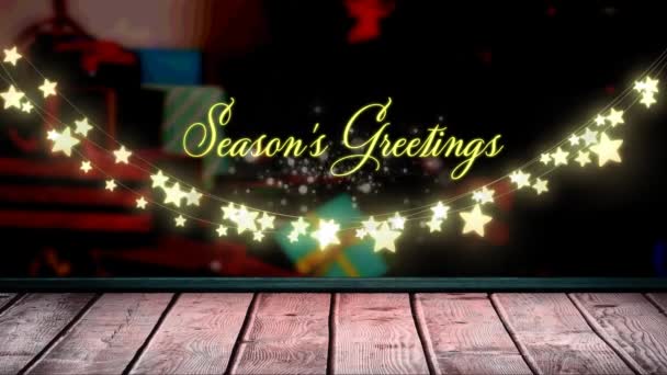 Animation Fairy Lights Seasons Greetings Text Wooden Boards Christmas Winter — Stock Video