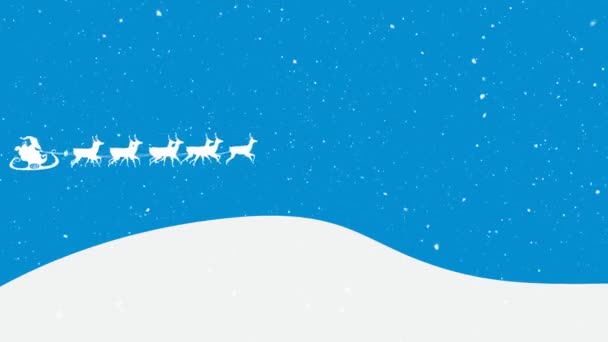 Animation Santa Claus Sleigh Reindeer Moving Snow Falling Blue Background — Stock Video