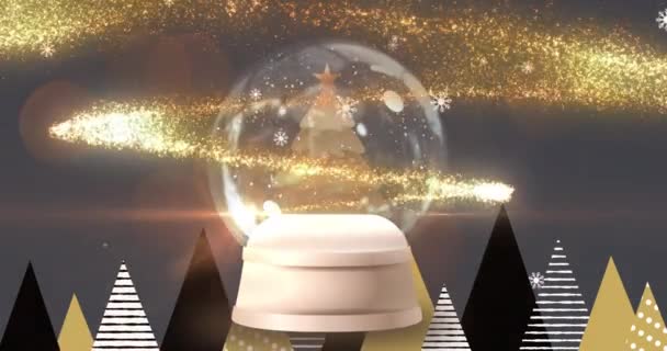 Анимация Снежного Шара Рождественской Ёлкой Над Падающим Снегом Елками Рождество — стоковое видео
