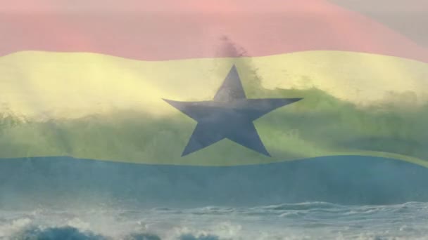 Animation Flag Ghana Waving Crashing Waves Sea Patriotism Independence Celebration — Stock Video