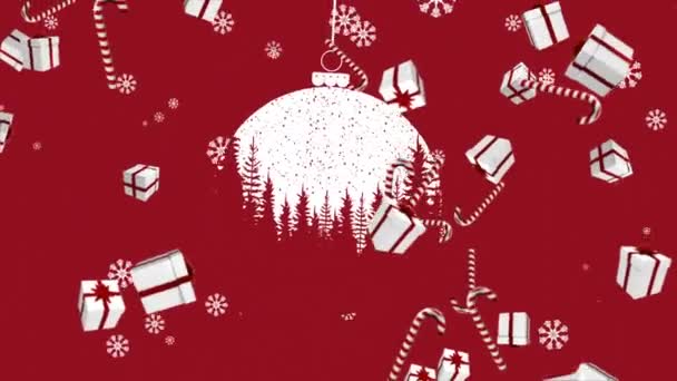 Animación Caída Bastones Caramelo Regalos Sobre Bauble Navidad Sobre Fondo — Vídeo de stock