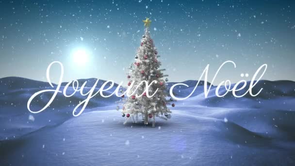 Animation Joyeux Noel Text Christmas Tree Snow Falling Winter Scenery — Stock Video