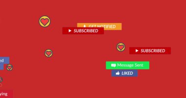 Kırmızı zemin üzerinde dijital simgeler bulunan pankartlar üzerinde sosyal medya metni resmi. küresel ağ, sosyal medya, teknoloji ve iletişim konsepti dijital olarak oluşturulmuş görüntü.