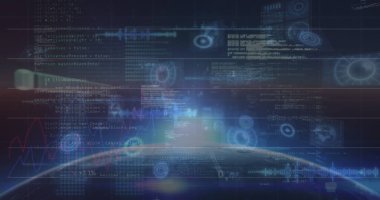 Dünya ve güneş üzerindeki ekranlarda tarama ve veri işleme dürbünü görüntüsü. küresel bağlantılar, teknoloji ve dijital arayüz kavramı dijital olarak oluşturulmuş görüntü.