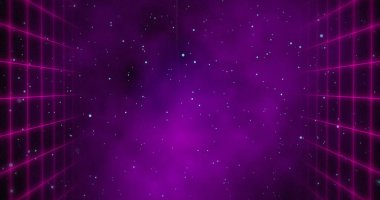 Image of purple squared walls moving over universe background with purple fog in the center clipart