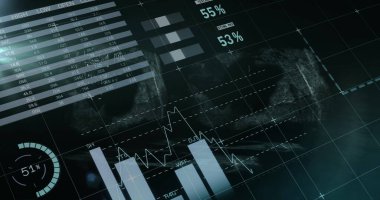 Siyah arkaplana karşı istatistiksel veri işlemesine karşı yüzen matematiksel denklemler. bilgisayar arayüzü ve teknoloji kavramı