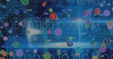 Arkaplanda dünya haritası üzerinde ikili kodlama olan dijital simgelerin ve veri işlemenin resmi. küresel bağlantılar ve dijital arayüz konsepti dijital olarak oluşturulmuş görüntü.