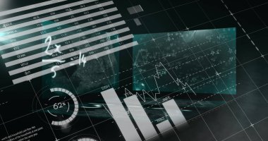 Hareket eden denklemlerin resmi ve arayüzde işlenen istatistiksel bilgi grafikleri. dijital arayüz teknolojisi, iş ve bilgi paylaşım kavramı, dijital olarak oluşturulmuş görüntü.