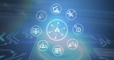 Bilgisayar devre kartının üzerindeki dijital simge ağının resmi. dijital arayüz, küresel teknoloji, bağlantı ve iletişim konsepti dijital olarak oluşturulmuş görüntü.