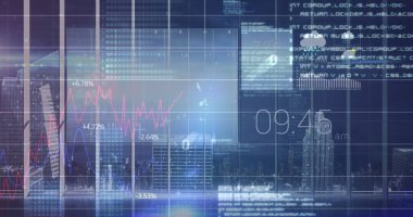 Şehrin 3D modeli üzerinde hareket eden grafik veri ve bilgilerin resmi. dijital arayüz küresel bağlantılar kavramı dijital olarak oluşturulmuş görüntü.