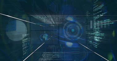 Dijital ekranlar üzerinden tarama ve veri işleme görüntüsü. küresel bağlantılar, teknoloji ve dijital arayüz kavramı dijital olarak oluşturulmuş görüntü.