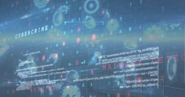 Siber saldırı uyarısıyla ekranlarda tarama ve veri işleme dürbünü görüntüsü. küresel bağlantı, teknoloji ve dijital arayüz kavramı dijital olarak oluşturulmuş görüntü.