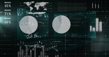 Siyah arkaplana karşı istatistiksel veri işlemesine karşı yüzen matematiksel denklemler. bilgisayar arayüzü ve teknoloji kavramı