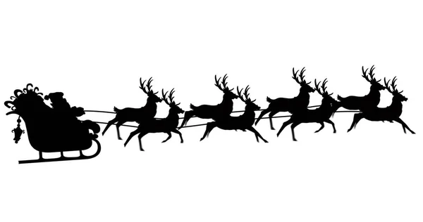 白い背景に反射器によって引っ張らされてそりでサンタクラスの黒いシルエットのデジタル画像 クリスマスお祝いの伝統的なコンセプト — ストック写真