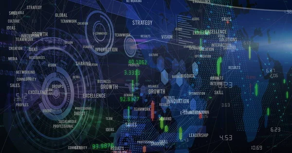 Bild Der Datenverarbeitung Scanner Und Geschäftstexte Auf Blau Globale Technologie — Stockfoto