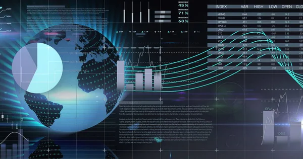 Imagem Dados Gráficos Informações Movendo Tela Sobre Grade Globo Girando — Fotografia de Stock