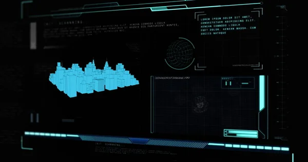 スコープスキャンとデータ処理で3Dアーキテクチャ都市図面のイメージ 世界規模の建築 テクノロジー データ処理 デジタルインターフェースの概念がデジタルで生成された画像 — ストック写真